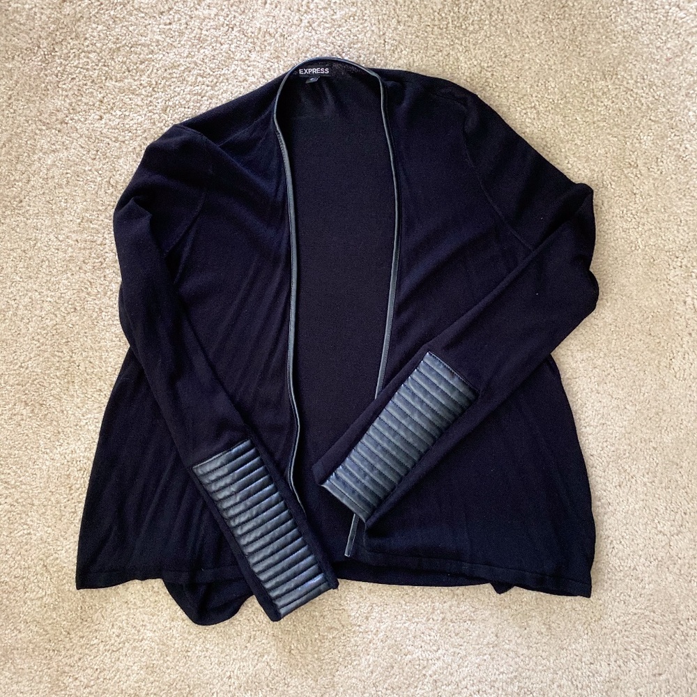 Faux Leather Trimmed Open Cardigan